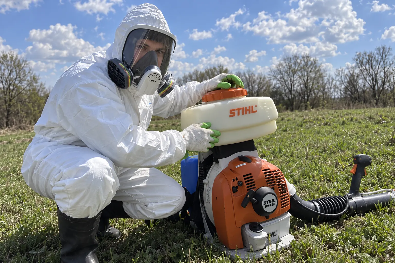 Мастер проверяет опрыскиватель STIHL в защитной экипировке, обработано с ИИ